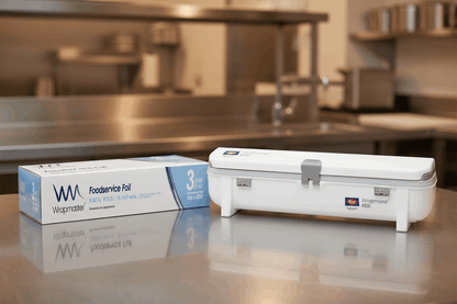 Wrapmaster Foil Refill box and Wrapmaster 4500 dispenser on stainless steel commercial kitchen counter