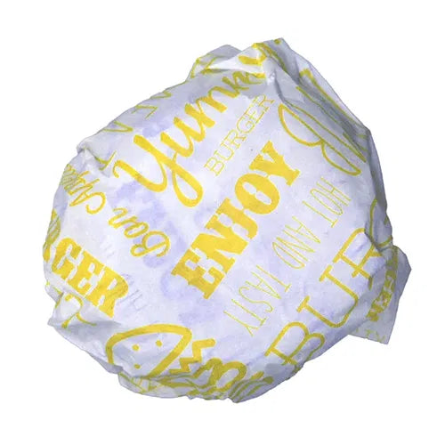 White paper burger wrap with yellow text and graphics on a white background