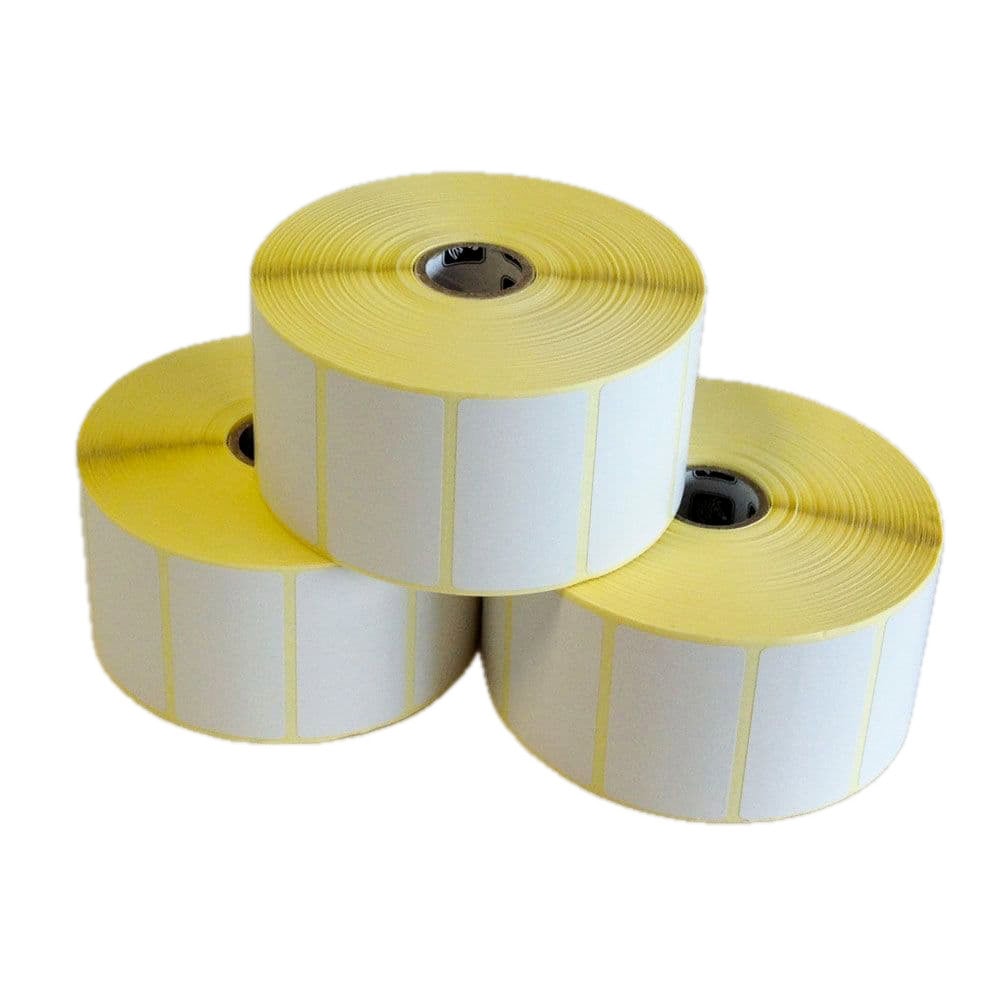 Three rolls of  3007207 25x76mm white labels with yellow edges on a white background