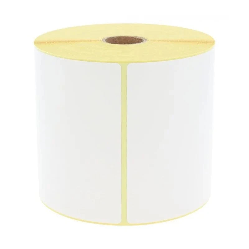 Roll of Zebra 800264-605 / 800284-605 white labels with yellow border on a white background