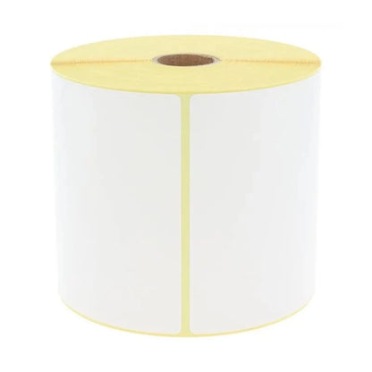 Roll of Zebra 800264-605 / 800284-605 white labels with yellow border on a white background