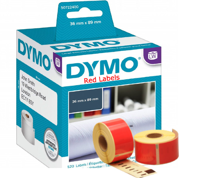 Dymo 99012 Red Large Address Labels 89x36mm - www.DiscountTillRolls.ie