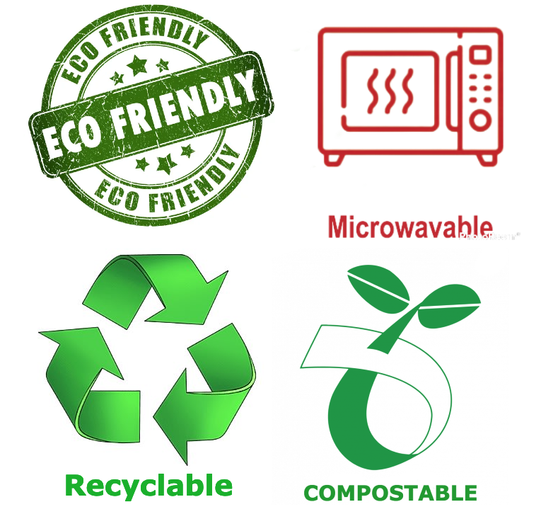 Eco friendly , recyclable, compostable and Microwavable.